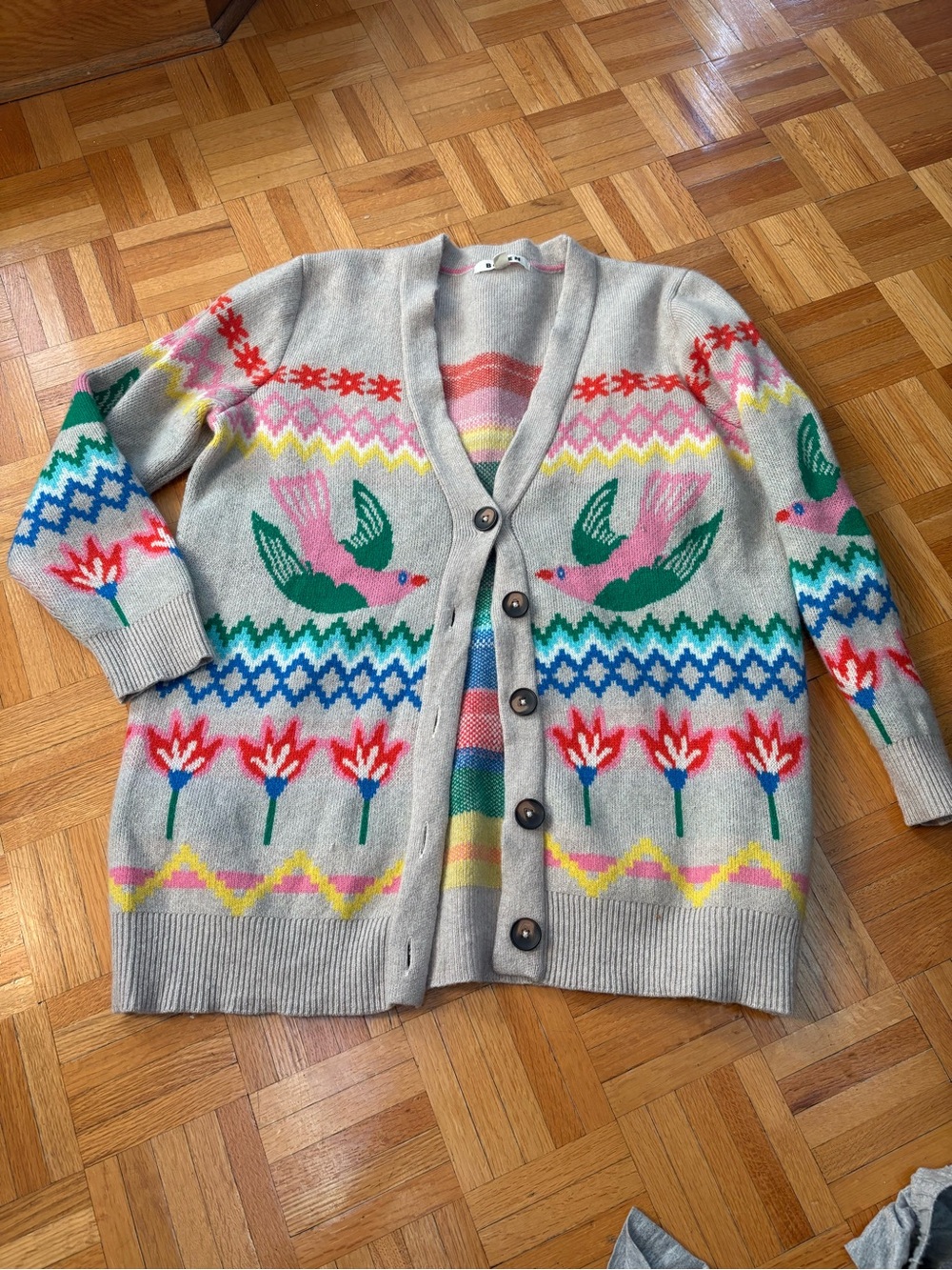 Boden Gray Cardigan with Pink & Green Bird Motif